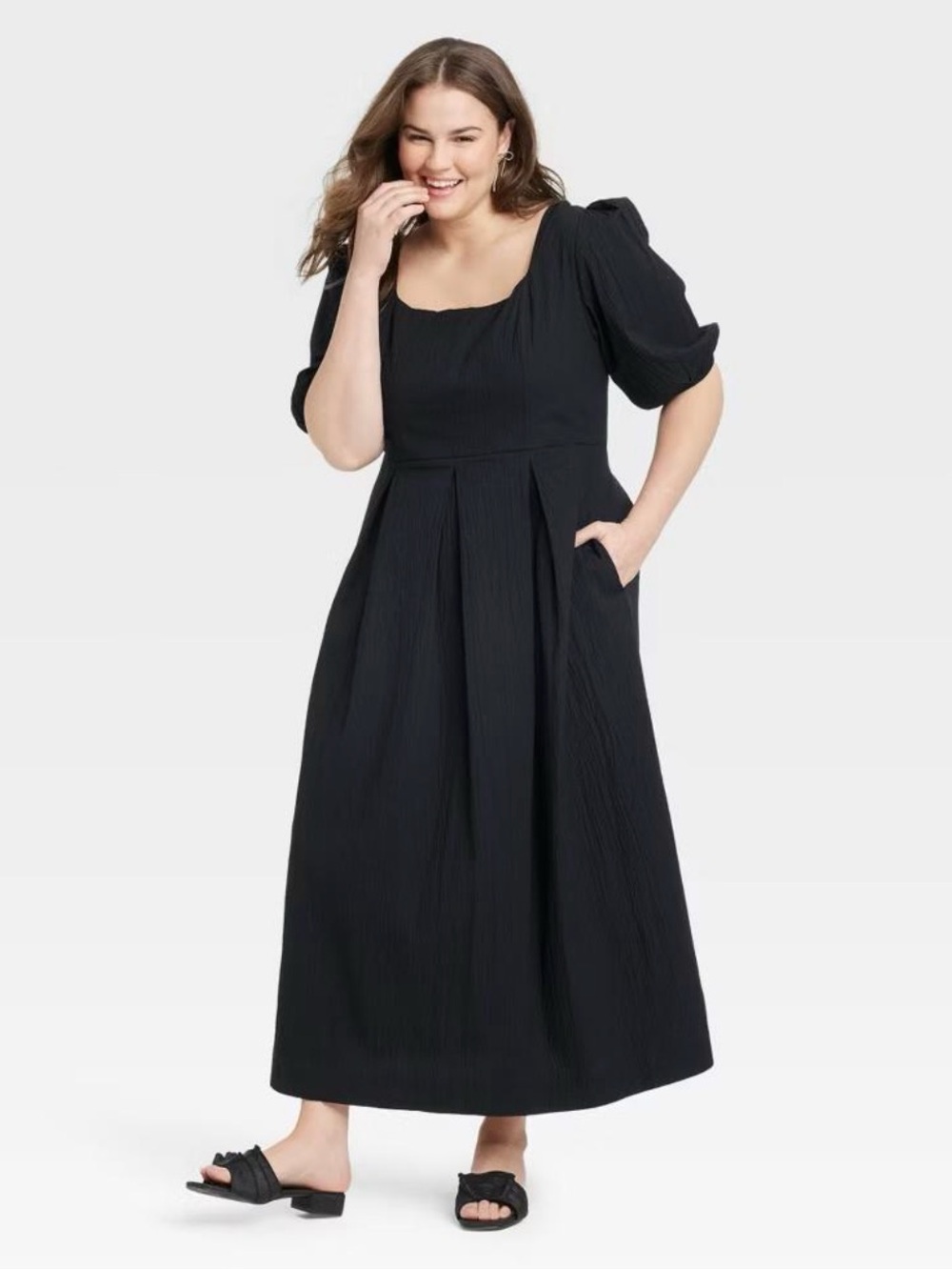 A New Day Black Crinkle Maxi Dress XXL Puff Sleeve Square Neck